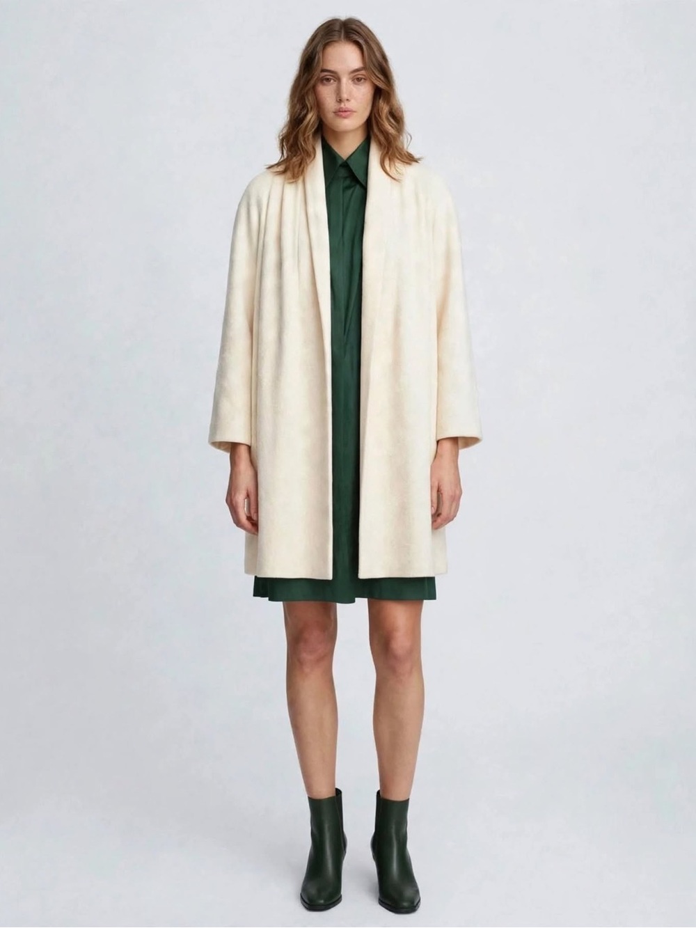 Open-Front Cream Coat with Relaxed Draping